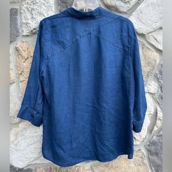 Chicos Button Up Blouse Top Sz 2 (LG) 100% Linen Blue Beachy Coastal Lightweight - Picture 2 of 5